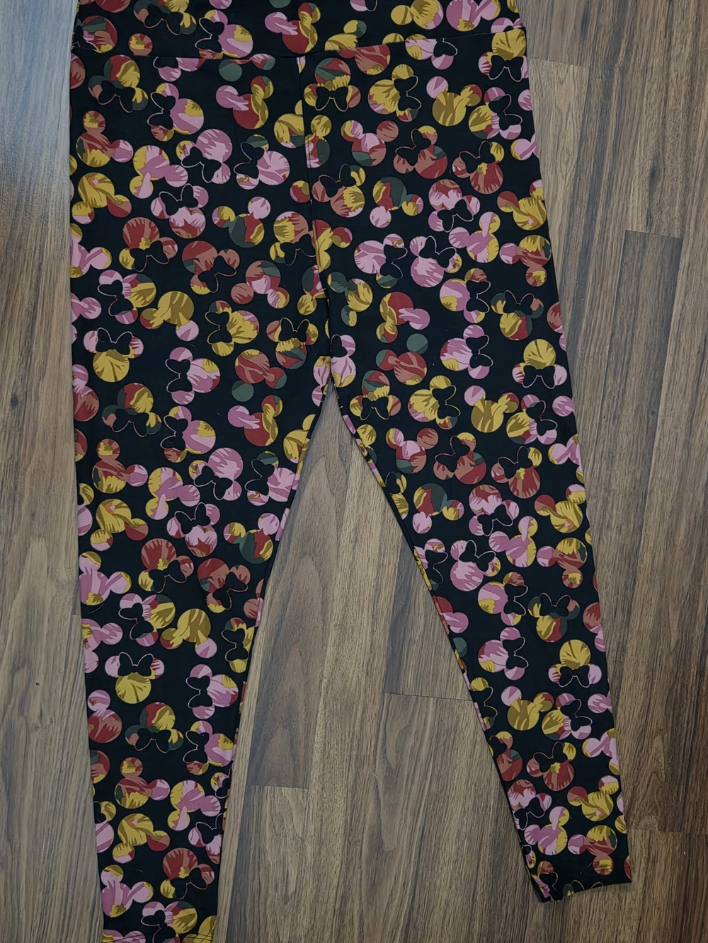 LuLaRoe Black Leggings with Pink, Yellow & Red Fall Mickey and Minnie Head Print